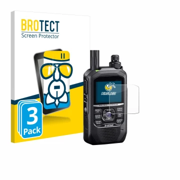 Front side of a product packaging with the brand logo BROTECT. Next to it is the device Icom ID-50E shown with the correspondi