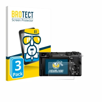 Front side of a product packaging with the brand logo BROTECT. Next to it is the device Sony Alpha 6700 shown with the corresp