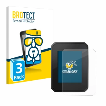 Front side of a product packaging with the brand logo BROTECT. Next to it is the device FIT Display Compact shown with the cor