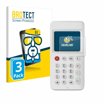 Front side of a product packaging with the brand logo BROTECT. Next to it is the device myPOS Go 2 shown with the correspondin