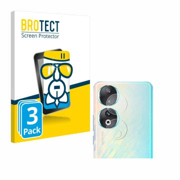Front side of a product packaging with the brand logo BROTECT. Next to it is the device Honor 90 (ONLY Camera Lens) shown with