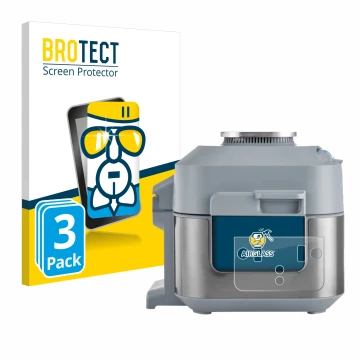 Front side of a product packaging with the brand logo BROTECT. Next to it is the device Ninja Speedi Rapid Cooking System show