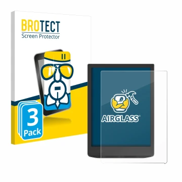 Front side of a product packaging with the brand logo BROTECT. Next to it is the device PocketBook InkPad 4 shown with the cor