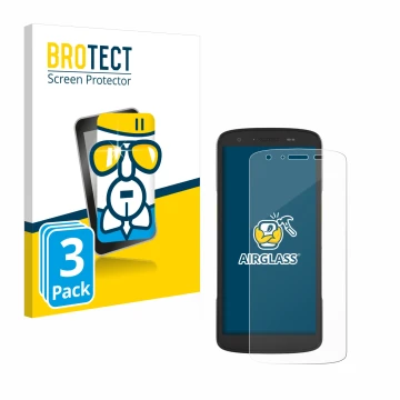 Front side of a product packaging with the brand logo BROTECT. Next to it is the device Zebra TC27 shown with the correspondin