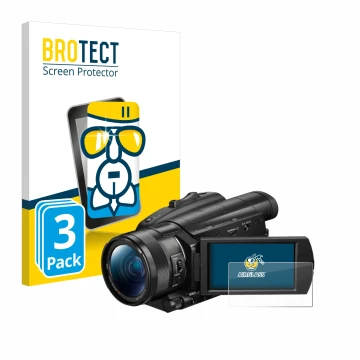 Front side of a product packaging with the brand logo BROTECT. Next to it is the device Sony FDR-AX700 shown with the correspo