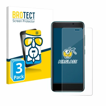 Front side of a product packaging with the brand logo BROTECT. Next to it is the device Cubot J 20 shown with the correspondin