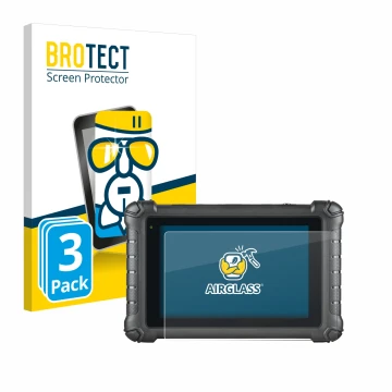 Front side of a product packaging with the brand logo BROTECT. Next to it is the device Autel MaxiDAS DS900 shown with the cor