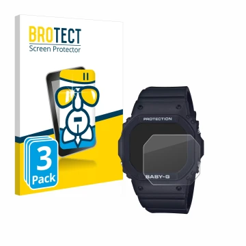 Front side of a product packaging with the brand logo BROTECT. Next to it is the device Casio Baby-G BGD-565 shown with the co