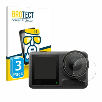 Front side of a product packaging with the brand logo BROTECT. Next to it is the device DJI Osmo Action 4 (Lens) shown with th