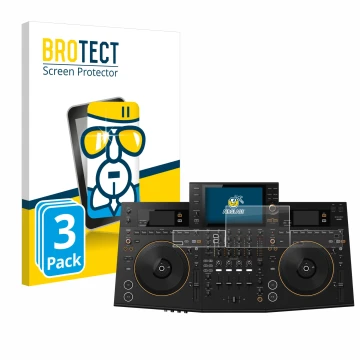 Front side of a product packaging with the brand logo BROTECT. Next to it is the device Pioneer OPUS-QUAD shown with the corre
