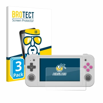 Front side of a product packaging with the brand logo BROTECT. Next to it is the device Anbernic RG505 shown with the correspo