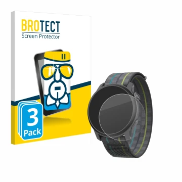 Front side of a product packaging with the brand logo BROTECT. Next to it is the device Coros Pace 3 shown with the correspond