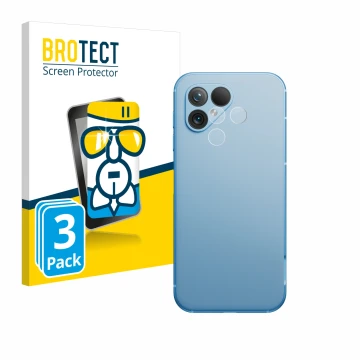Front side of a product packaging with the brand logo BROTECT. Next to it is the device Fairphone 5 (ONLY Camera Lens) shown w