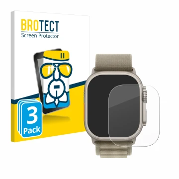 Front side of a product packaging with the brand logo BROTECT. Next to it is the device Apple Watch Ultra 2 (49 mm) shown with