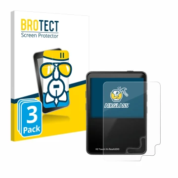Front side of a product packaging with the brand logo BROTECT. Next to it is the device HifiWalker H2 touch shown with the cor