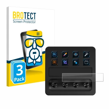 Front side of a product packaging with the brand logo BROTECT. Next to it is the device Elgato Stream Deck + shown with the co