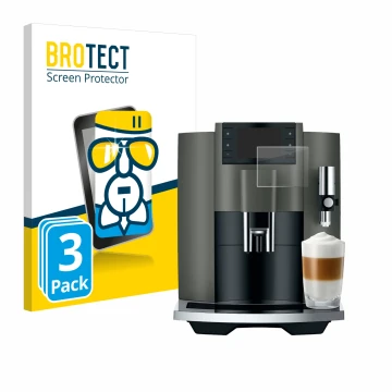 Front side of a product packaging with the brand logo BROTECT. Next to it is the device Jura E8 (EC) shown with the correspond