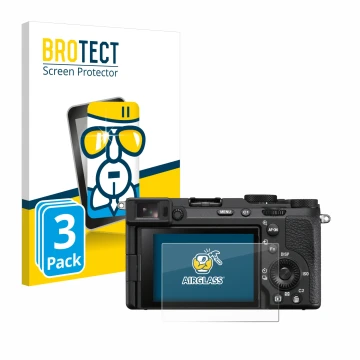 Front side of a product packaging with the brand logo BROTECT. Next to it is the device Sony Alpha 7CR shown with the correspo