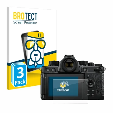 Front side of a product packaging with the brand logo BROTECT. Next to it is the device Nikon Z F shown with the corresponding