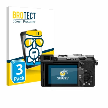 Front side of a product packaging with the brand logo BROTECT. Next to it is the device Sony Alpha 7C II (ILCE-7CM2) shown wit