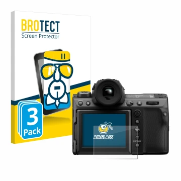 Front side of a product packaging with the brand logo BROTECT. Next to it is the device Fujifilm GFX100 II shown with the corr
