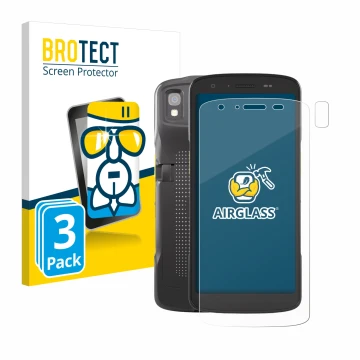 Front side of a product packaging with the brand logo BROTECT. Next to it is the device Zebra TC27 (Front+Camera) shown with t