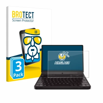 Front side of a product packaging with the brand logo BROTECT. Next to it is the device GPD Win Max 2 2023 shown with the corr