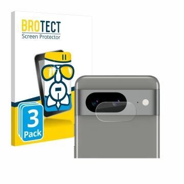 Front side of a product packaging with the brand logo BROTECT. Next to it is the device Google Pixel 8 (ONLY Camera Lens) show