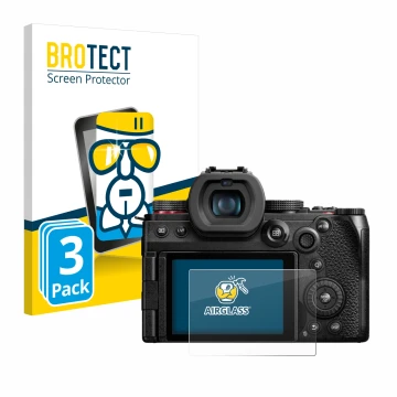 Front side of a product packaging with the brand logo BROTECT. Next to it is the device Panasonic Lumix DC-G9 II shown with th
