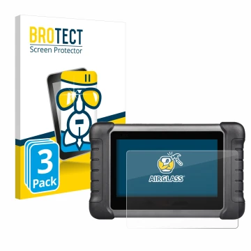 Front side of a product packaging with the brand logo BROTECT. Next to it is the device Autel MaxiCheck MX808s shown with the 