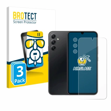 Front side of a product packaging with the brand logo BROTECT. Next to it is the device Samsung Galaxy A34 5G Enterprise Editi