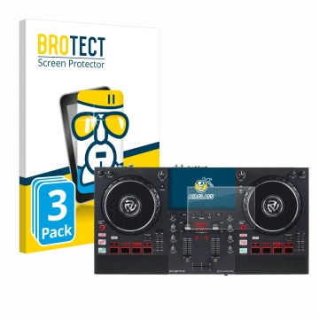 Front side of a product packaging with the brand logo BROTECT. Next to it is the device Numark Mixstream Pro+ shown with the c