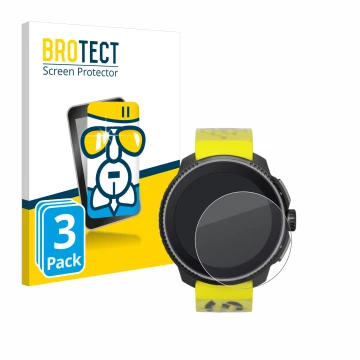 Front side of a product packaging with the brand logo BROTECT. Next to it is the device Suunto Race shown with the correspondi