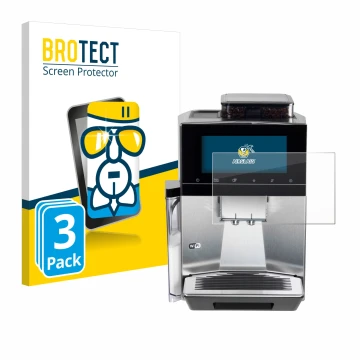 Front side of a product packaging with the brand logo BROTECT. Next to it is the device Siemens EQ900 TQ903D03 shown with the 
