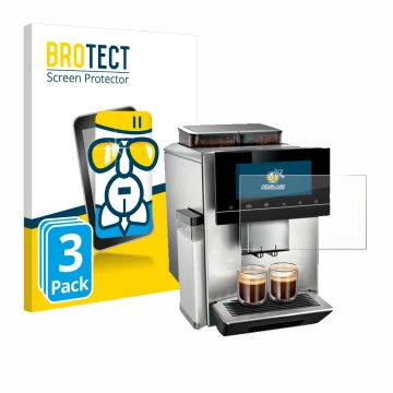 Front side of a product packaging with the brand logo BROTECT. Next to it is the device Siemens EQ900 TQ907D03 shown with the 
