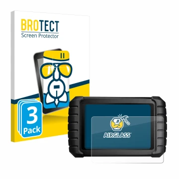 Front side of a product packaging with the brand logo BROTECT. Next to it is the device iCarsoft CR Max shown with the corresp