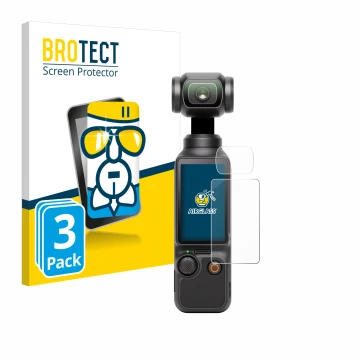 Front side of a product packaging with the brand logo BROTECT. Next to it is the device DJI Osmo Pocket 3 (Display + Lens) sho