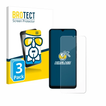 Front side of a product packaging with the brand logo BROTECT. Next to it is the device Xiaomi Redmi 13C shown with the corres