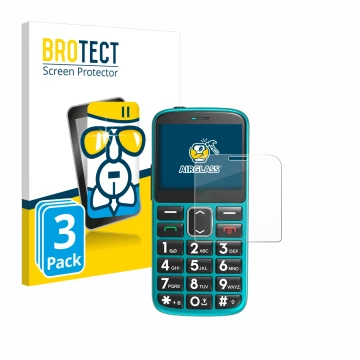 Front side of a product packaging with the brand logo BROTECT. Next to it is the device Uleway Seniorenhandy shown with the co