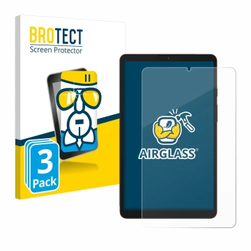 Front side of a product packaging with the brand logo BROTECT. Next to it is the device Samsung Galaxy Tab A9 LTE shown with t
