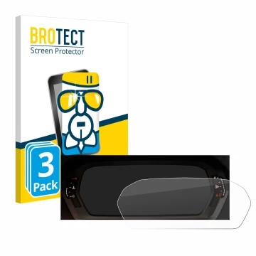 Front side of a product packaging with the brand logo BROTECT. Next to it is the device Audi A3 2023 Virtual cockpit shown wit