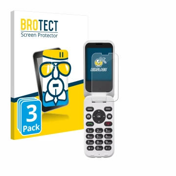 Front side of a product packaging with the brand logo BROTECT. Next to it is the device Doro 6820 shown with the corresponding