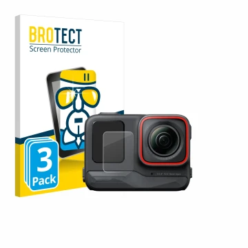Front side of a product packaging with the brand logo BROTECT. Next to it is the device Insta360 Ace Pro (Front display) shown