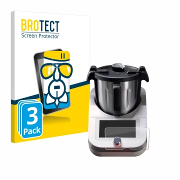 Front side of a product packaging with the brand logo BROTECT. Next to it is the device Ufesa TotalChef RK7 shown with the cor