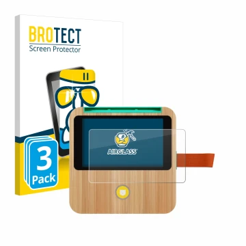 Front side of a product packaging with the brand logo BROTECT. Next to it is the device tigerbox Touch Plus shown with the cor