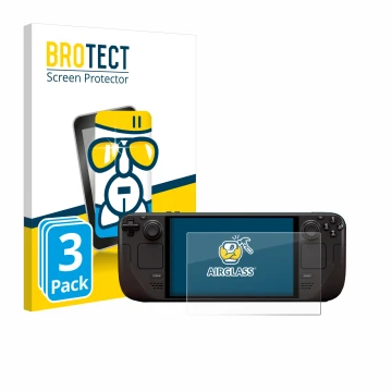 Front side of a product packaging with the brand logo BROTECT. Next to it is the device Valve Steam Deck OLED shown with the c