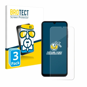 Front side of a product packaging with the brand logo BROTECT. Next to it is the device Samsung Galaxy A25 5G shown with the c