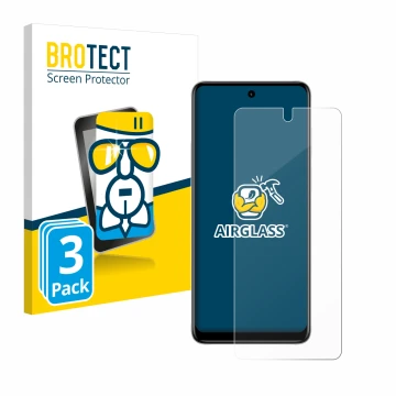 Front side of a product packaging with the brand logo BROTECT. Next to it is the device Motorola Moto E32s shown with the corr