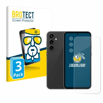 Front side of a product packaging with the brand logo BROTECT. Next to it is the device Samsung Galaxy S23 FE (Front+Camera) s