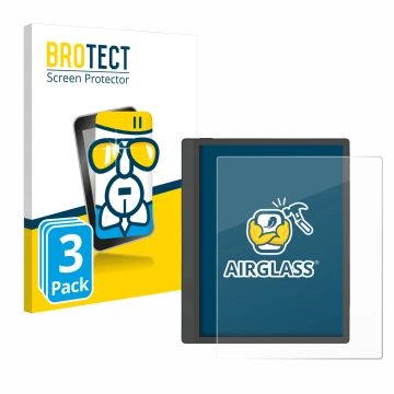 Front side of a product packaging with the brand logo BROTECT. Next to it is the device Boox Tab Ultra C Pro shown with the co